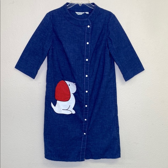 Vintage Chambray Dress w/ Dog Applique by "Models Coat" Small - Picture 1 of 10